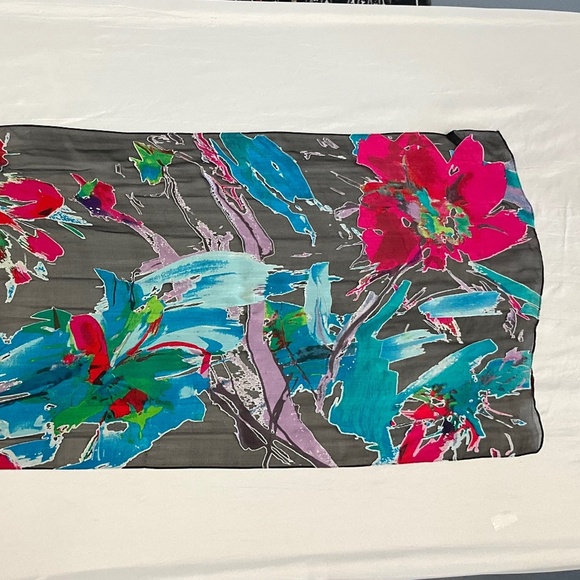 CYNTHIA ROWLEY Silk Scarf Black Chiffon Turquoise Pink Blue Design, sz 20"x74" - Picture 3 of 9